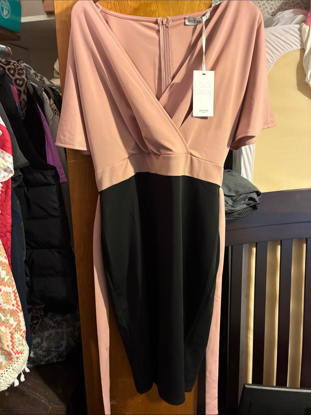 Grace Karin Blush Pink and Black Two-Tone Midi Sheath Dress